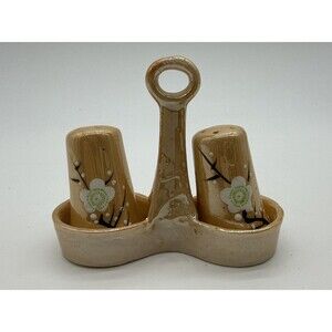 Vtg Mini Lusterware Salt & Pepper W/ Caddy Made In Japan Hand Painted Flowers